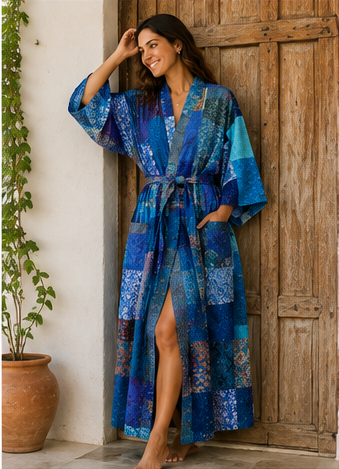 Vintage Kantha Kimono Robe — Handmade Cotton Blue Dressing Gown