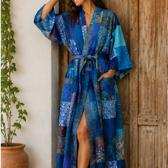 Vintage Kantha Kimono Robe — Handmade Cotton Blue Dressing Gown