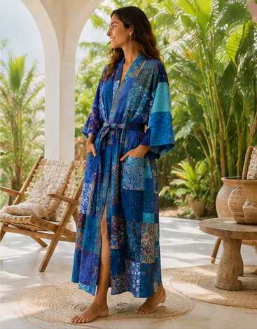 Vintage Kantha Kimono Robe — Handmade Cotton Blue Dressing Gown