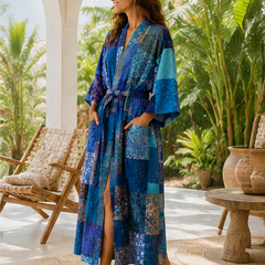 Vintage Kantha Kimono Robe — Handmade Cotton Blue Dressing Gown