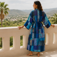 Vintage Kantha Kimono Robe — Handmade Cotton Blue Dressing Gown