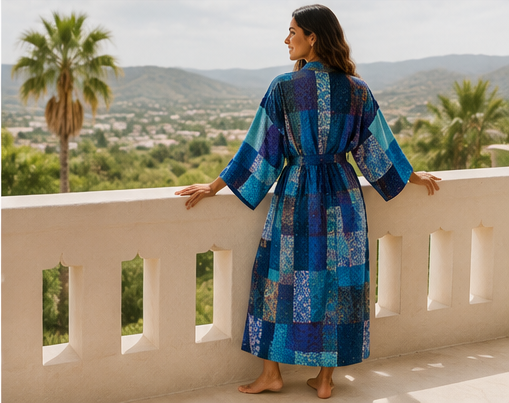 Vintage Kantha Kimono Robe — Handmade Cotton Blue Dressing Gown