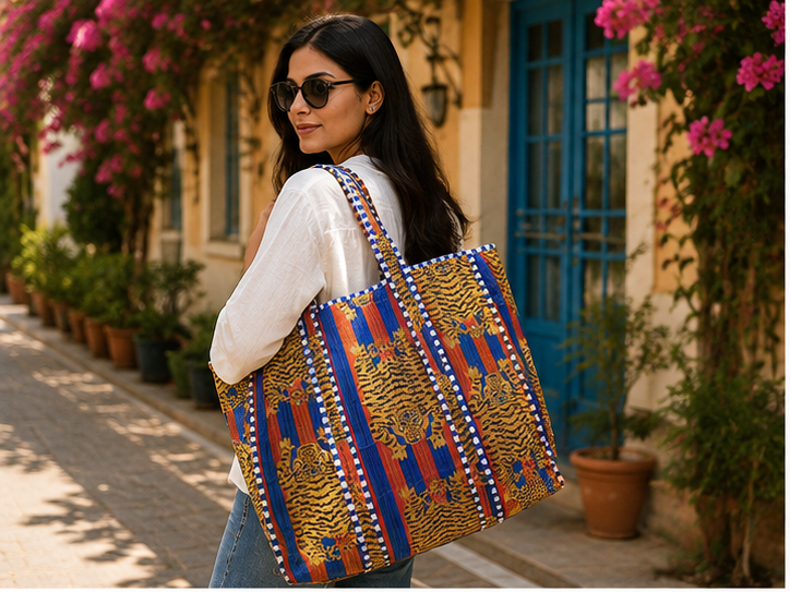 Handmade Quilted Tote Bag | 100% Cotton, Reversible, Beach & Grocery Blue Bag