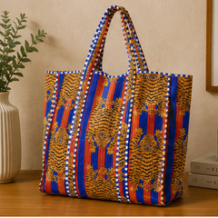 Handmade Quilted Tote Bag | 100% Cotton, Reversible, Beach & Grocery Blue Bag