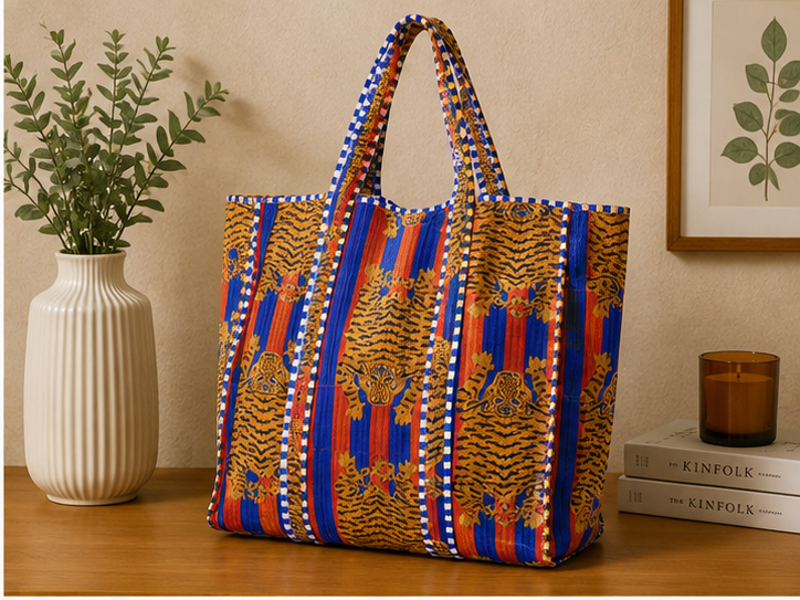 Handmade Quilted Tote Bag | 100% Cotton, Reversible, Beach & Grocery Blue Bag