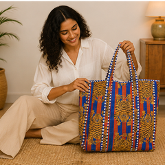 Handmade Quilted Tote Bag | 100% Cotton, Reversible, Beach & Grocery Blue Bag