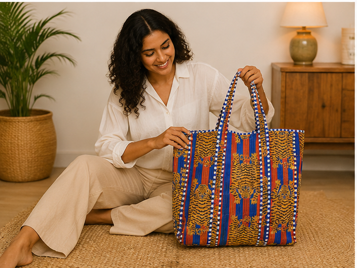 Handmade Quilted Tote Bag | 100% Cotton, Reversible, Beach & Grocery Blue Bag