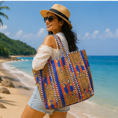 Handmade Quilted Tote Bag | 100% Cotton, Reversible, Beach & Grocery Blue Bag