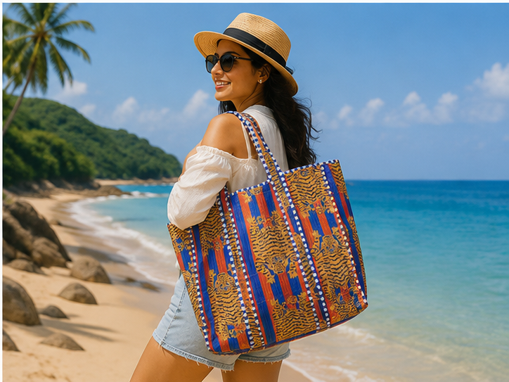 Handmade Quilted Tote Bag | 100% Cotton, Reversible, Beach & Grocery Blue Bag