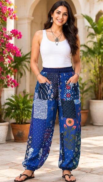 Hippie Patchwork Harem Pants – Soft Breathable Rayon, Handmade Blue Fit - kraafty-com