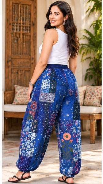Hippie Patchwork Harem Pants – Soft Breathable Rayon, Handmade Blue Fit - kraafty-com