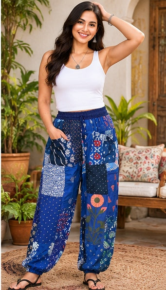 Hippie Patchwork Harem Pants – Soft Breathable Rayon, Handmade Blue Fit - kraafty-com