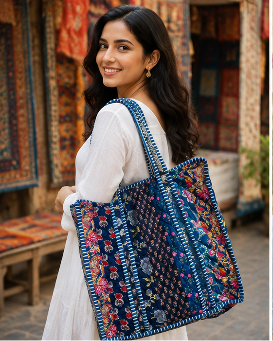 Reversible Quilted Cotton/velvet Tote | Hand-Printed Ethnic Blue Beach Bag - kraafty-com