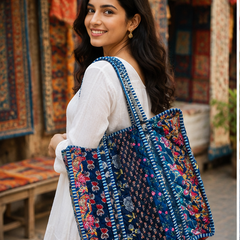 Reversible Quilted Cotton/velvet Tote | Hand-Printed Ethnic Blue Beach Bag - kraafty-com