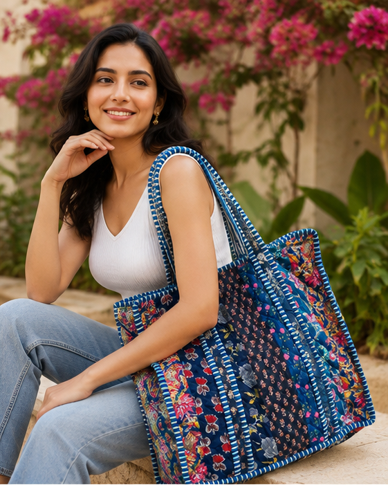 Reversible Quilted Cotton/velvet Tote | Hand-Printed Ethnic Blue Beach Bag - kraafty-com
