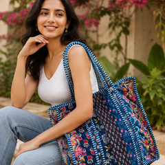 Reversible Quilted Cotton/velvet Tote | Hand-Printed Ethnic Blue Beach Bag - kraafty-com