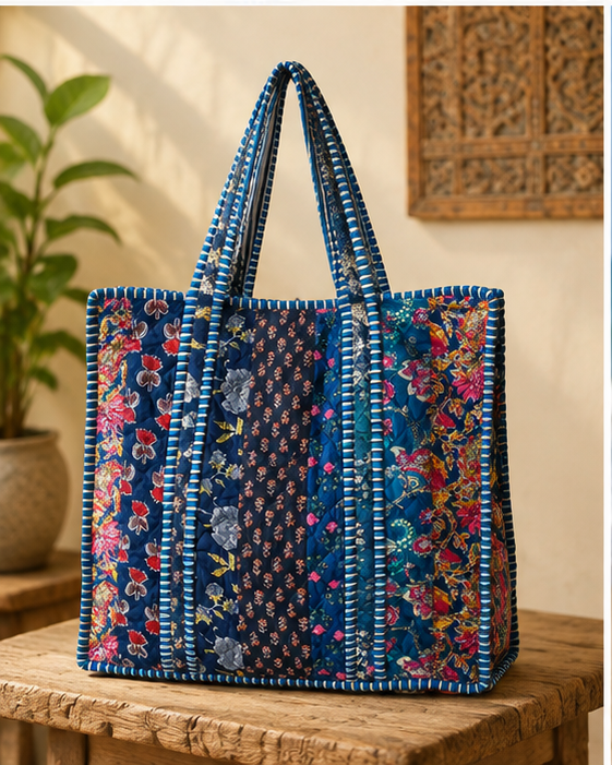 Reversible Quilted Cotton/velvet Tote | Hand-Printed Ethnic Blue Beach Bag - kraafty-com