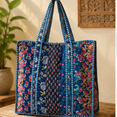 Reversible Quilted Cotton/velvet Tote | Hand-Printed Ethnic Blue Beach Bag - kraafty-com