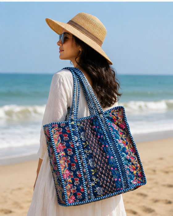 Reversible Quilted Cotton/velvet Tote | Hand-Printed Ethnic Blue Beach Bag - kraafty-com