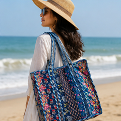 Reversible Quilted Cotton/velvet Tote | Hand-Printed Ethnic Blue Beach Bag - kraafty-com