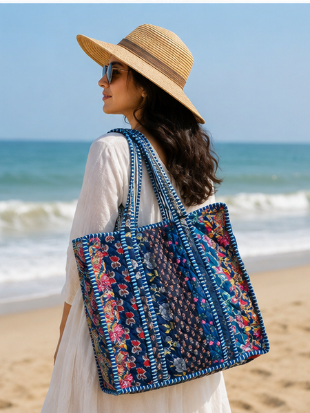 Reversible Quilted Cotton/velvet Tote | Hand-Printed Ethnic Blue Beach Bag - kraafty-com