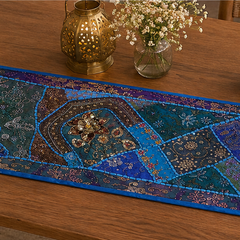 Vintage Cotton Blue Table Runner — Khambhadiya Embroidery