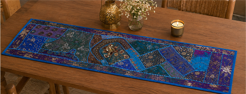 Vintage Cotton Blue Table Runner — Khambhadiya Embroidery