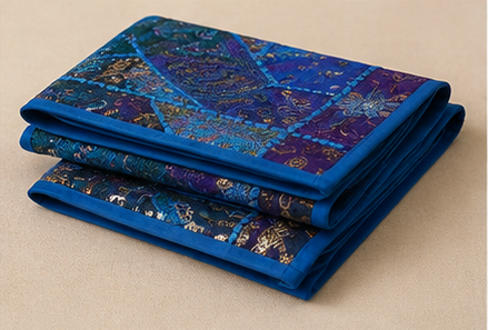 Vintage Cotton Blue Table Runner — Khambhadiya Embroidery