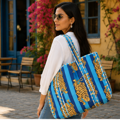 Cotton Tote Bag for Women | Quilted, Reversible & Handmade Blue Beach Tote