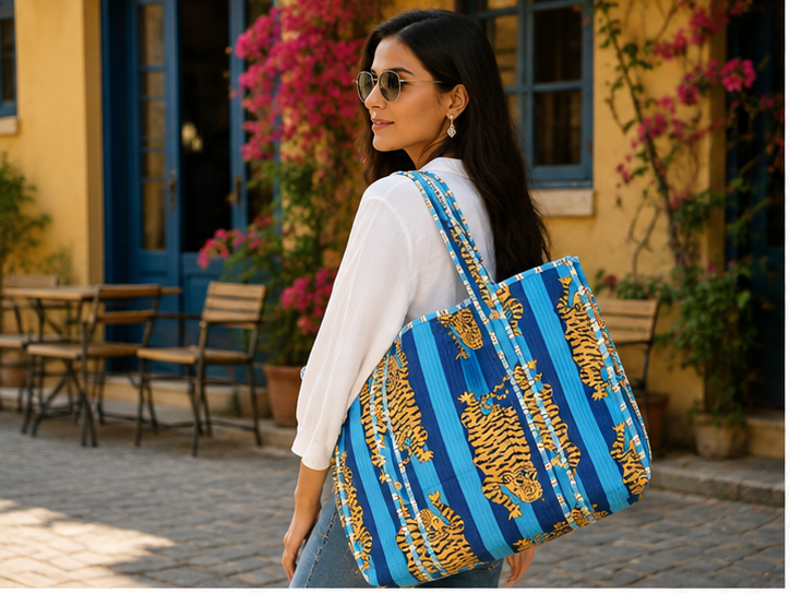 Cotton Tote Bag for Women | Quilted, Reversible & Handmade Blue Beach Tote