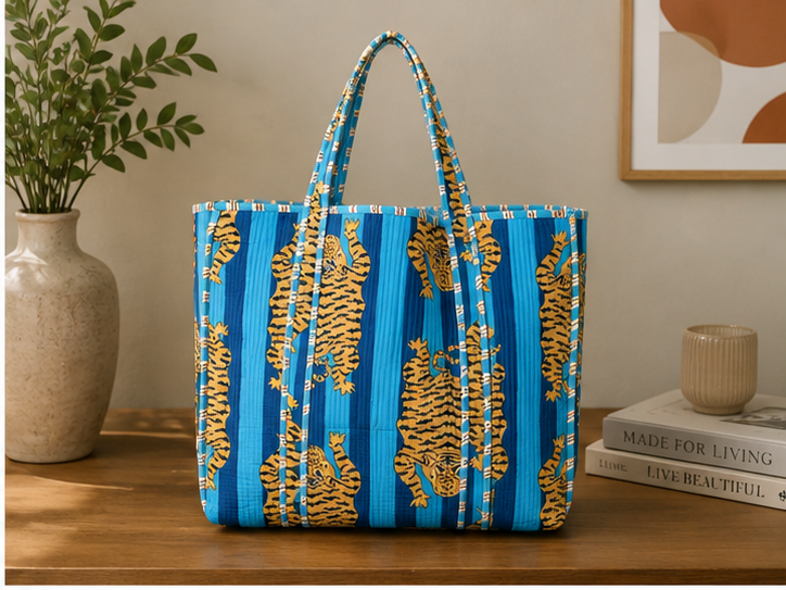 Cotton Tote Bag for Women | Quilted, Reversible & Handmade Blue Beach Tote