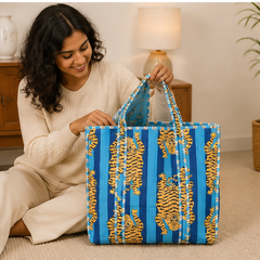 Cotton Tote Bag for Women | Quilted, Reversible & Handmade Blue Beach Tote