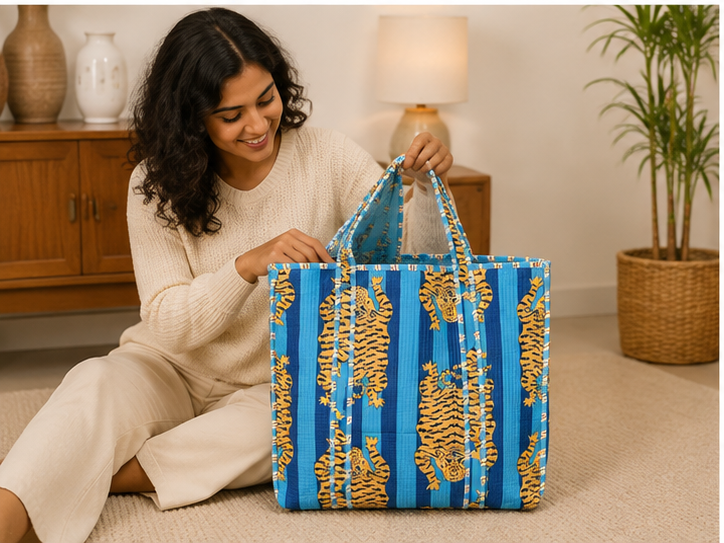 Cotton Tote Bag for Women | Quilted, Reversible & Handmade Blue Beach Tote