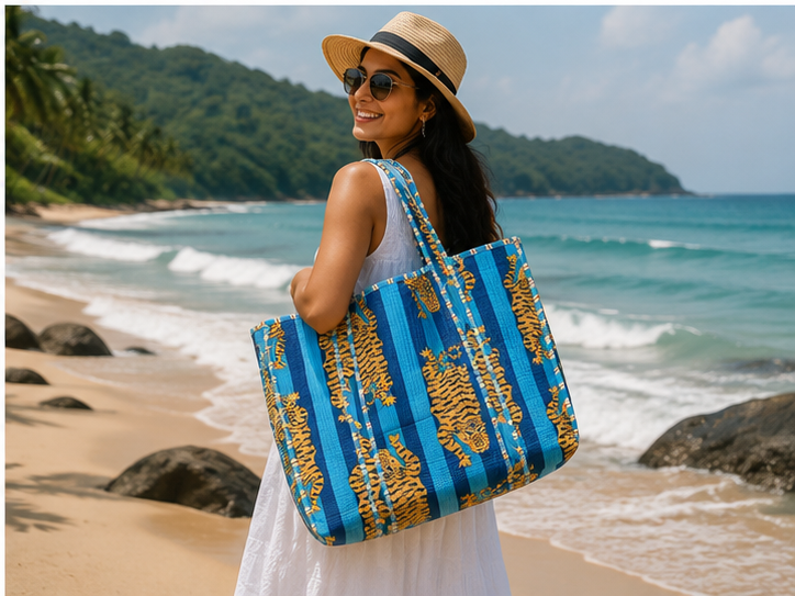 Cotton Tote Bag for Women | Quilted, Reversible & Handmade Blue Beach Tote
