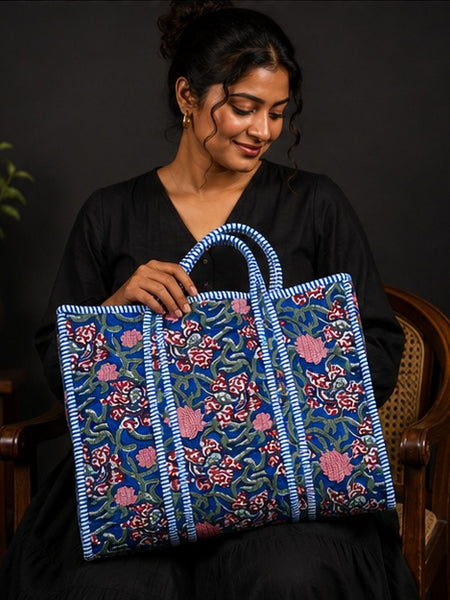 Handmade Reversible Cotton Blue Floral Tote Bag | Quilted Design - kraafty-com