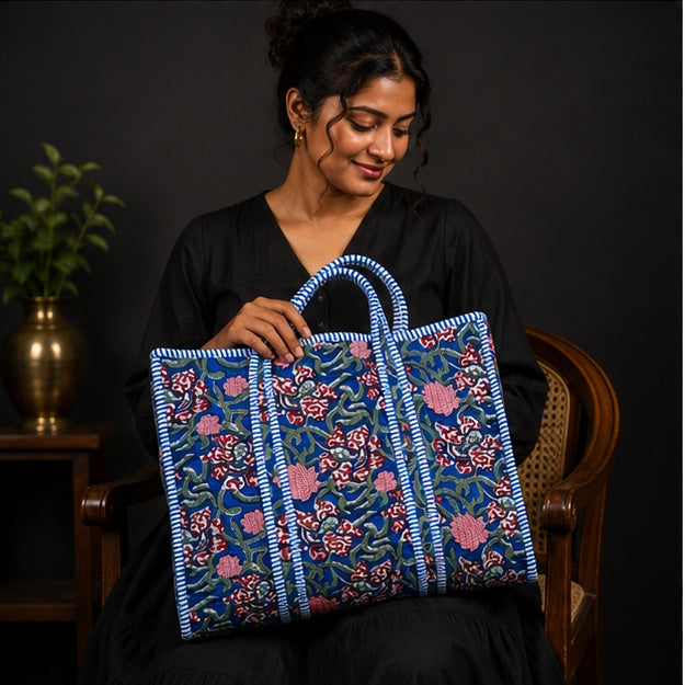 Handmade Reversible Cotton Blue Floral Tote Bag | Quilted Design - kraafty-com