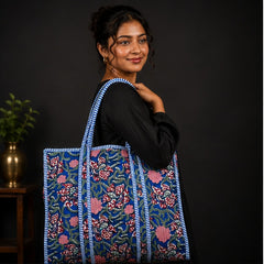 Handmade Reversible Cotton Blue Floral Tote Bag | Quilted Design - kraafty-com