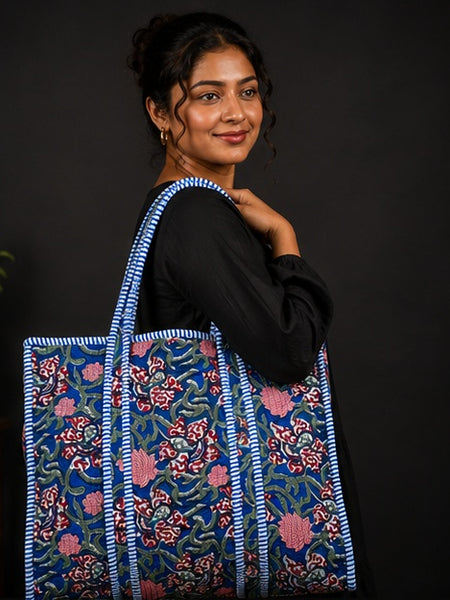 Handmade Reversible Cotton Blue Floral Tote Bag | Quilted Design - kraafty-com