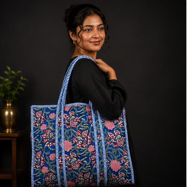 Handmade Reversible Cotton Blue Floral Tote Bag | Quilted Design - kraafty-com