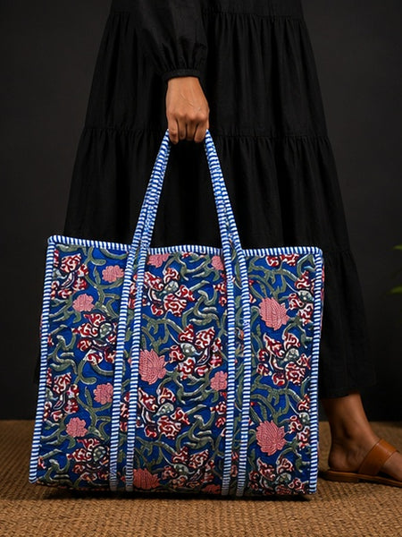Handmade Reversible Cotton Blue Floral Tote Bag | Quilted Design - kraafty-com