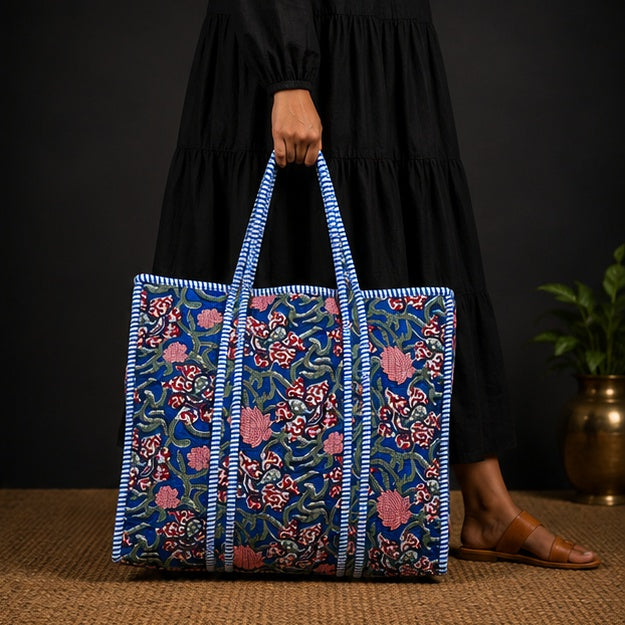 Handmade Reversible Cotton Blue Floral Tote Bag | Quilted Design - kraafty-com