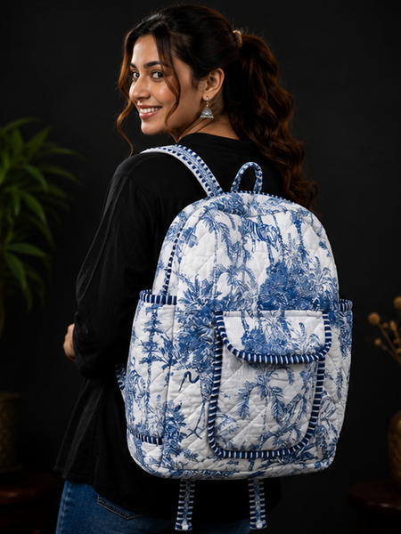 Women's Quilted Cotton Backpack | Handmade white Paisley Print Shoulder Bag - kraafty-com