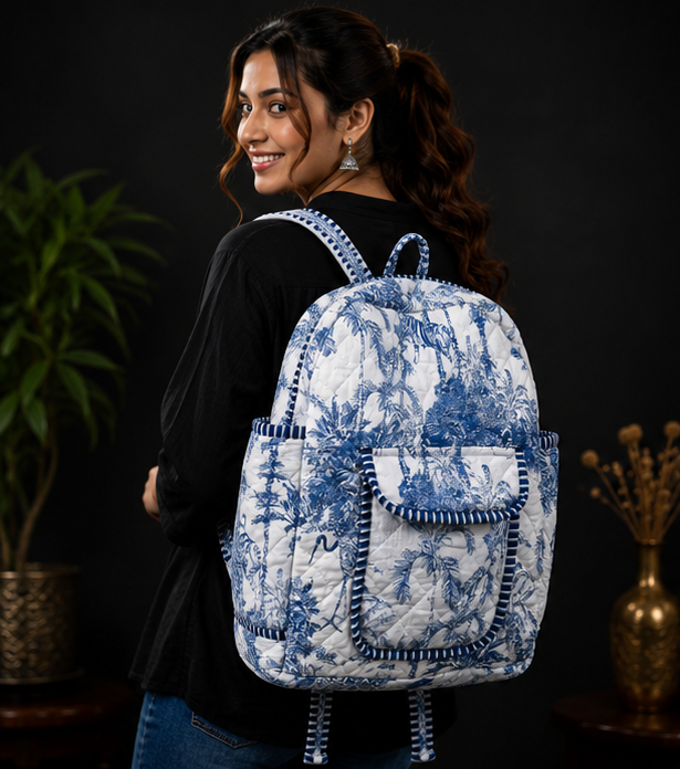Women's Quilted Cotton Backpack | Handmade white Paisley Print Shoulder Bag - kraafty-com