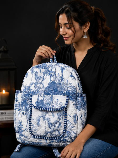 Women's Quilted Cotton Backpack | Handmade white Paisley Print Shoulder Bag - kraafty-com