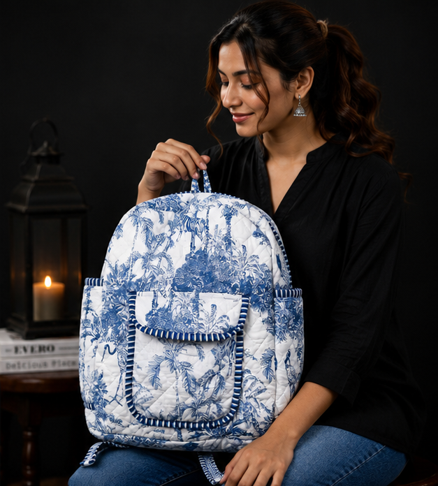 Women's Quilted Cotton Backpack | Handmade white Paisley Print Shoulder Bag - kraafty-com