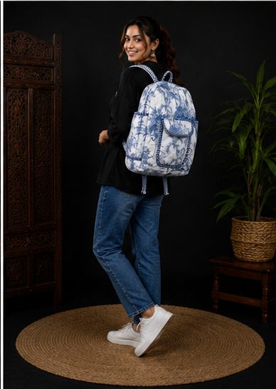 Women's Quilted Cotton Backpack | Handmade white Paisley Print Shoulder Bag - kraafty-com