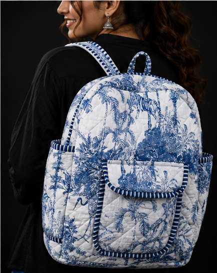Women's Quilted Cotton Backpack | Handmade white Paisley Print Shoulder Bag - kraafty-com