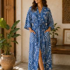 Vintage Kantha Kimono Robe — Handmade Cotton Dressing Gown