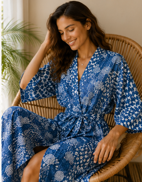 Vintage Kantha Kimono Robe — Handmade Cotton Dressing Gown