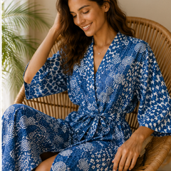 Vintage Kantha Kimono Robe — Handmade Cotton Dressing Gown